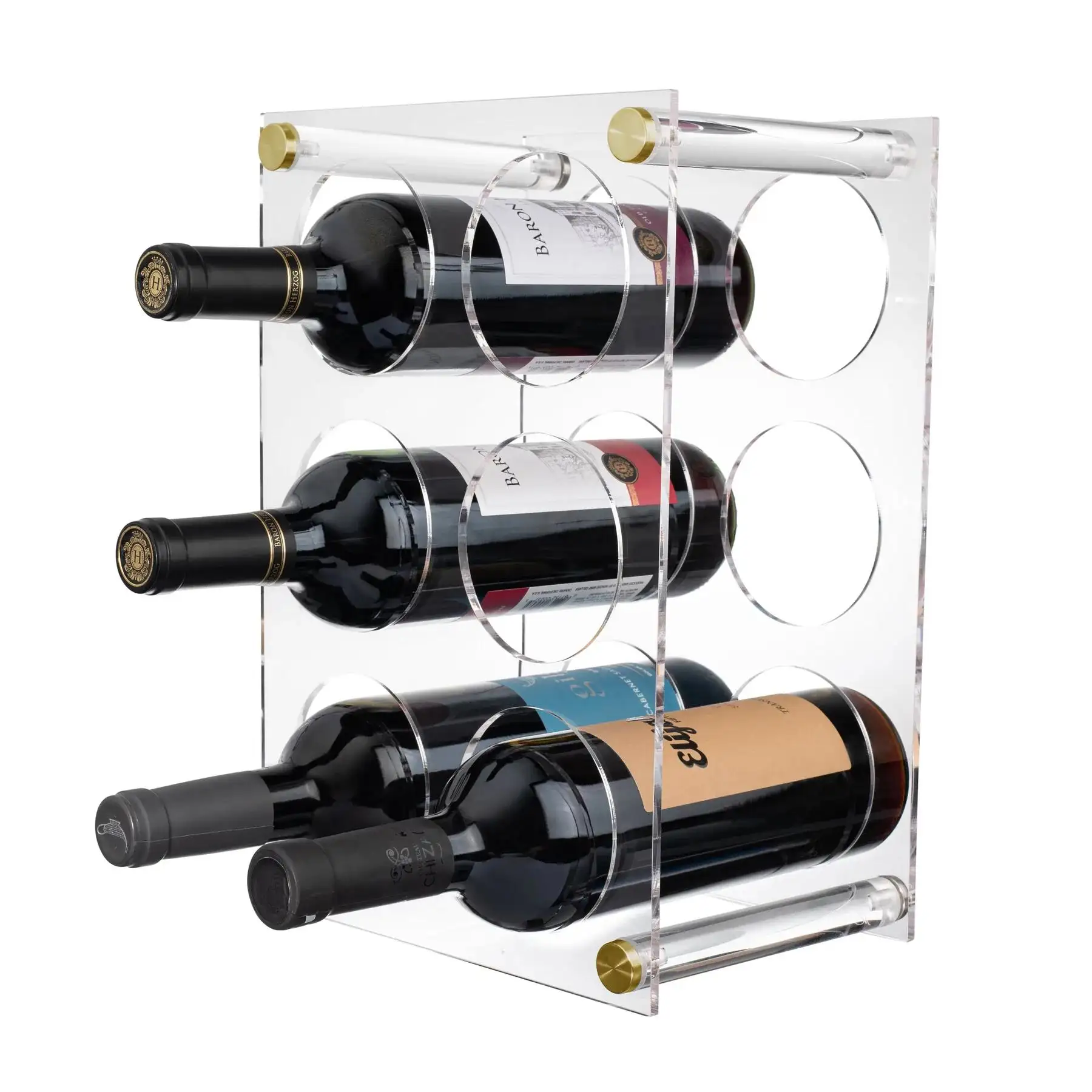 Akrilik özel şarap rafı 6 şişe şarap standı özellikleri altın veya gümüş metal aksan