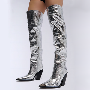 Women Silver Animal Prints Custom Styles Over Knee High <b>Boots</b> Ladies Middle Wedge Heels Shoes Metal Pointed Toe Long Booties - Product Image 1
