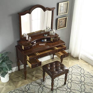 Mesa de Maquillaje Vintage de <span class=keywords><strong>Madera</strong></span> Maciza de Roble Marrón con Tapa de Cristal y <span class=keywords><strong>Taburete</strong></span> para Apartamento, Hotel o Dormitorio - Product Image 4