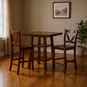 Orlando 3-Piece <b>Dining</b> Set High <b>Table</b> With 2 V-Back <b>Stools</b> And 2 Shelves Traditional Wood Design For Home Use - Product Image 2