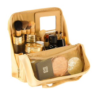 Large Capacity Cosmetic Bag With Mirror Zipper Closure Portable <b>Makeup</b> Organizer Travel Storage <b>Case</b> Solid Color Beige - Product Image 5