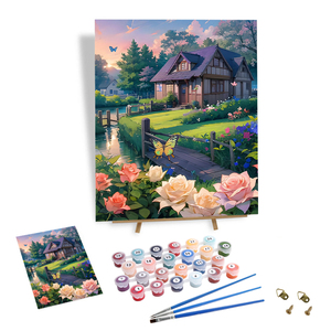 Peinture de paysage de style anime de haute qualité : Cabane en forêt, ruisseau et fleurs – Peinture par numéros DIY pour la décoration intérieure - Product Image 1