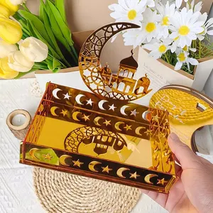 Custom Premium Unique Golden Color Acrylic Eid Mubarak Moon Star Tray For Table Decoration