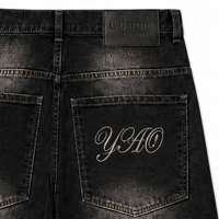 Jean baggy Y2K personnalisé mi-lourd pour homme, coupe large, en denim délavé noir, imprimé, avec coutures laser et œillets métalliques