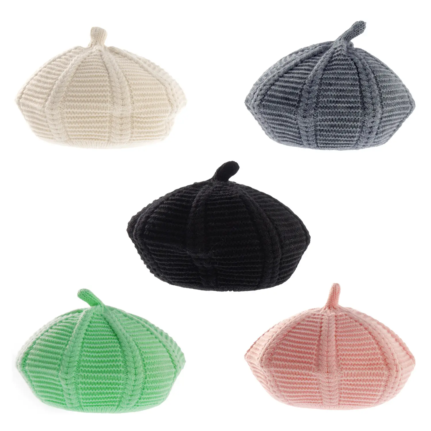 Q30872暖かい冬の多色リブ付きケーブルアーティストニット帽子供のための暖かいニットベレー帽ビーニーハット