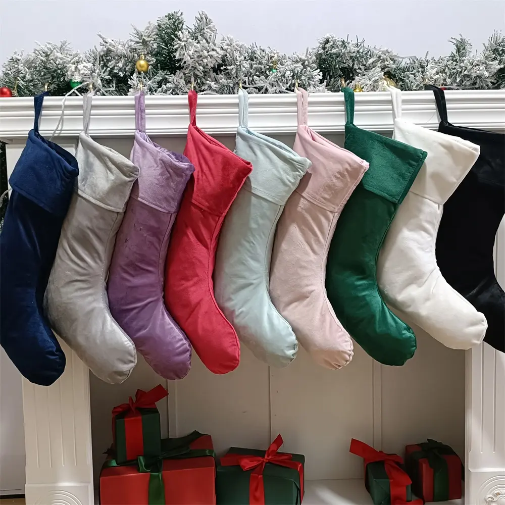 Chaussettes monogrammes en velours pour noël, en Stock, 9 couleurs, bas de noël, décoration de la maison