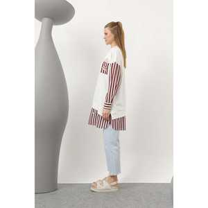 เสื้อคลุมผู้หญิงสีเอครูกรมท่า คอกลม ผ้าถัก ลายป๊อปคอร์นตัดสี สำหรับใส่พักผ่อน - Product Image 4