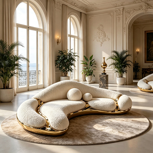Divano Curvo in Bouclé Crema con Telaio in Fibra di Vetro Color Oro per Spazi Abitativi Moderni - Product Image 6