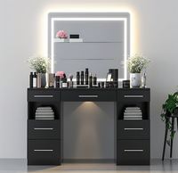 Nouvelle Arrivée - Coiffeuse Moderne Européenne en Bois Massif Noir avec Éclairage LED, Réglable, avec Rangement, pour Salon