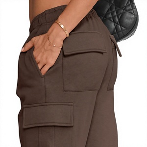 Pantalones Cargo Marrones para Mujer, Corte Holgado, Cintura Elástica, Color Sólido, Largos, Casuales, con Bolsillos, Estilo Otoñal - Product Image 5