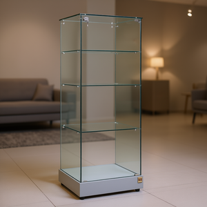 Vitrine Tux 53x46x140cm en verre trempé avec porte à charnières verrouillable, 3 étagères, base gris clair avec roulettes - Product Image 3