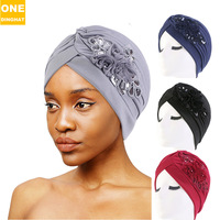 Pañuelo para la Cabeza de Invierno para Mujer, Transpirable, con Lentejuelas y Diseño Floral, Gorro Plegado Estilo Indio, Color Sólido, Étnico TJM-24X