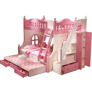公主梦幻城堡床多功能实木儿童双层床带滑梯衣柜