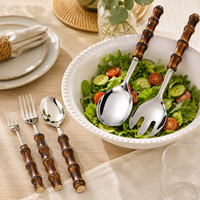 Ensemble de vaisselle réutilisable en acier inoxydable 304 avec poignée en bambou, 4 pièces, pour mariage, restaurant, hôtel, restauration, vente en gros