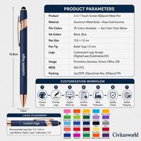 Bolígrafo de Firma Color Oro Rosa 2 en 1, Bolígrafo con Pantalla Táctil, Bolígrafo de Aluminio Mate con Logotipo Personalizado, Bolígrafo Metálico Multicolor