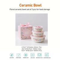 Ensemble de 3 bols à soupe en porcelaine florale personnalisés avec couvercle, sans BPA, écologiques, sans plomb, résistants au four, boîte cadeau