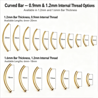 Barre de piercing pour sourcil ou nombril en titane ASTM F136 plaqué or 18 carats, filetage interne, forme banane, courbée, accessoire de barre pliée, vente en gros