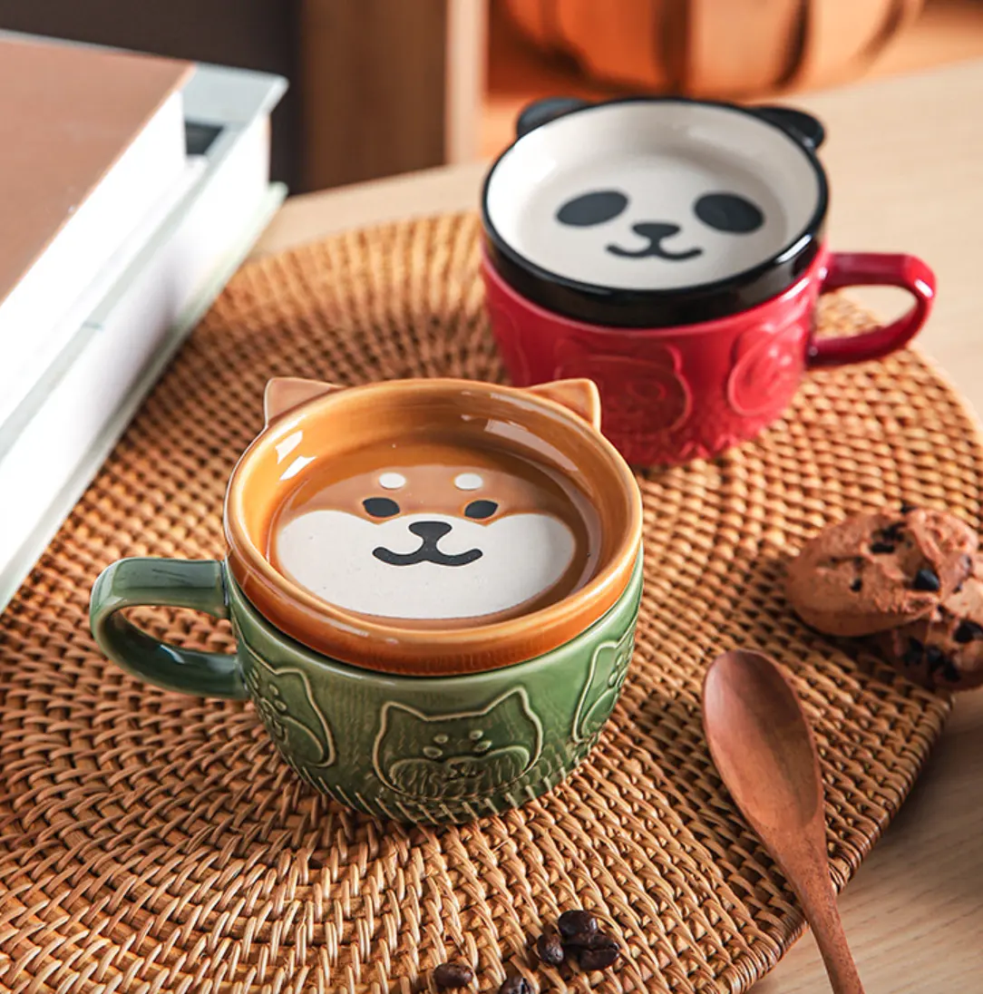 Drop Shipping Cangkir Kucing Kartun Keramik Jepang Populer Mug Sarapan Lucu Mug Kopi Kreatif dengan Tutup Cangkir Susu