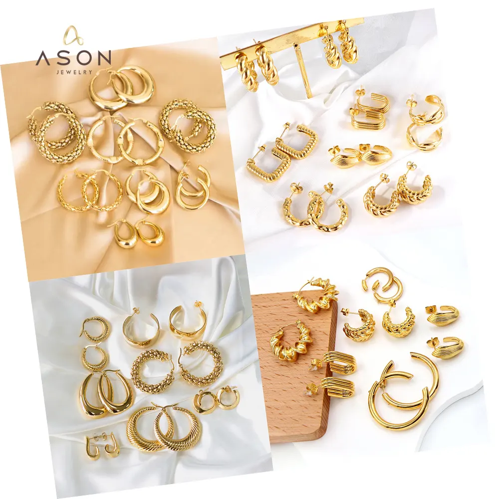 Ason hyposensitivity fashion jewelry Stainless Steel Statement Earrings 18k Gold Plated Chunky Hollowed Hoop Earrings For Women