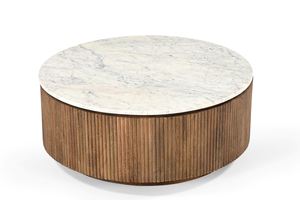 Mesa de Centro Redonda de Madera CNC con Tapa de Mármol Blanco, Nogal Marrón Claro / Madera de Mango con Mármol Blanco / Mármol Blanco - Product Image 3