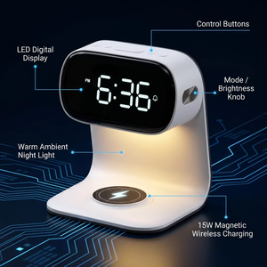 Lámpara de Noche LED 3 en 1 con Carga Inalámbrica, Reloj con Pantalla a Color, Diseño Moderno con Acabado en Madera para Dormitorio - Product Image 5