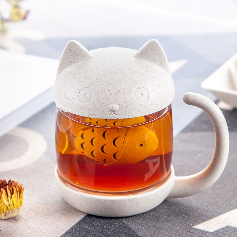 Sevimli kedi kupaları toptan cam hediye çay kupa balık filtre ile ev ofis süzgeç çay fincanları demlik çay süzgeci