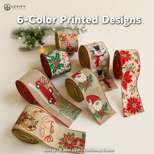 Cinta de Lino con Alambre Personalizada con Estampado de Papá Noel y Copos de Nieve, Cinta Elegante con Alambre para Árbol de Navidad - Product Image 4