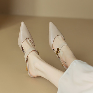 Sandales à talons hauts en cuir pour femmes, style mule pointue, à bout fermé, élégantes, nouvelle collection été 2024, pour l'extérieur - Product Image 4