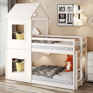 Lit superposé en bois pour enfants 90x200cm, lit mezzanine 2 places avec design <span class=keywords><strong>cabane</strong></span> et barrière, pour chambre à coucher - Product Image 2