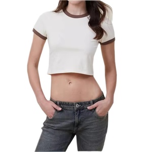 Wholesale Blank Tshirt Rib Trim Contrast <strong>Tan</strong> Color Baby <strong>Tee</strong> Cotton Spandex Ringer <strong>Tee</strong> Cropped Women's T Shirt - Product Image 2