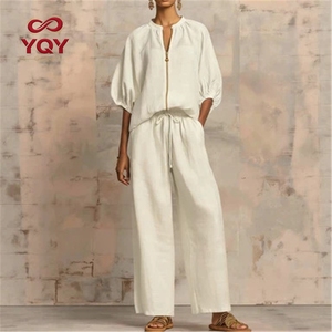 Combinaison décontractée unie à col zippé et jambes larges pour femme – Nouvelle collection été – <span class=keywords><strong>Combishort</strong></span> une pièce - Product Image 1