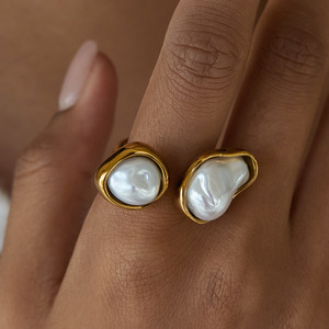 Pearl Ring 18K Gold Stainless Steel Baroque Style Asymmetrical Open Design Unisex Everyday Wear - Product Image 3