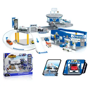 2-Floors City Police Station Vehicles Parking Lot Toy for Kids with 4pcs Metal Die-Toy Police cast Cars,Track,Garage,Gas Station