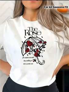 T-shirt da donna taglie forti con stampa rosa e ombrello, girocollo, manica corta, linea ad H, casual, traspirante, in cotone, per tutte le stagioni - Product Image 3