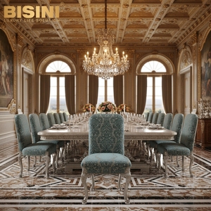 Fauteuil de salle à manger Parisian Prince d'inspiration italienne, avec structure en chêne sculpté et tissu brodé bleu - Product Image 6