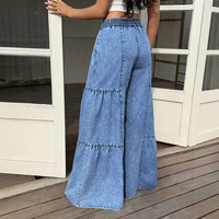 Jean tendance à taille élastique et jambe large, avec cordon de serrage et volants, en denim, grande taille, coupe ample, patchwork, pantalon long pour femme