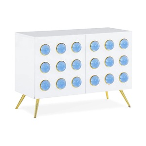 Jonathan Adler Đồ Trang Trí Bằng Thép Không Gỉ Màu Vàng Cho Tủ Sơn Mài Màu Trắng Bóng Với Bảng Bên Tròn Acrylic Màu Xanh Dương - Product Image 1