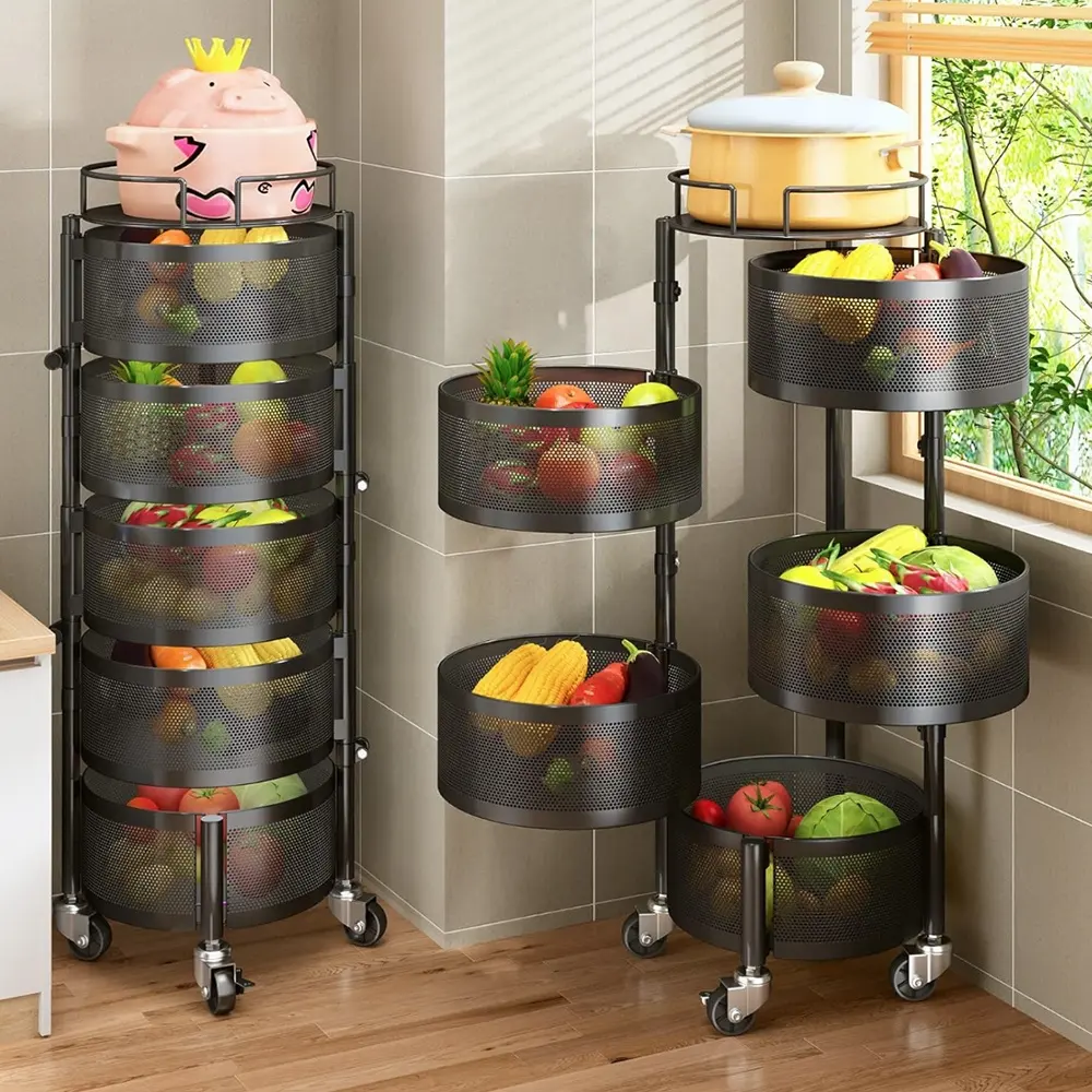 Cesta de frutas para cocina Cesta circular de 5 niveles Estante de almacenamiento grande con ruedas Estante de alambre de metal para frutas y verduras