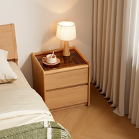 Meuble de chambre Lin's Home : Table de chevet avec rangement, couleur bois naturel, sur pieds, 2 tiroirs, dessus en verre, armoire latérale 2026