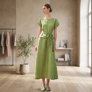 100% Cotton Vintage Midi <b>Dress</b> for Women V-neck Short Sleeve High Waist <b>Loose</b> A-Line Breathable Summer with Pockets - Product Image 3