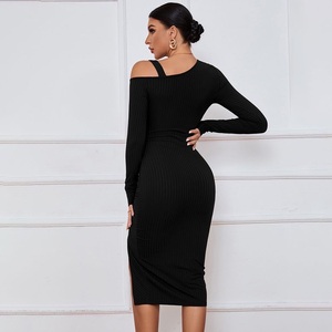 Abito <span class=keywords><strong>donna</strong></span> tinta unita autunno e inverno gonna al ginocchio con spalla aperta alla moda tessuto crêpe cintura naturale - Product Image 6