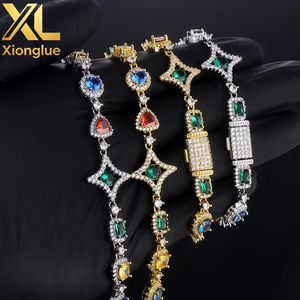 Colorful Gemstone Brilliant Cut Hiphop Fashion Trendy Sparkling <b>Copper</b> Alloy Zircon Star Square Charm Link Chain Unisex <b>Bangle</b> - Product Image 5