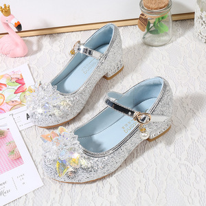 2026 New Fashion Princess Shoes for Girls Blue High Heels with Crystal Flowers for Big Kids Anti-Slip Children's Shoes - Product Image 1