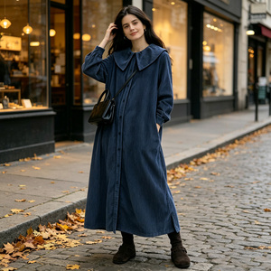 Robe Abaya d'été bleue unie à col Peter Pan, manches longues, coupe ample, couleur unie, robe décontractée musulmane pour le quotidien - Product Image 1
