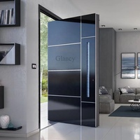 Porte d'entrée principale de villa, moderne, en acier, avec design graphique en verre, fabrication en usine, portes pivotantes de sécurité en aluminium