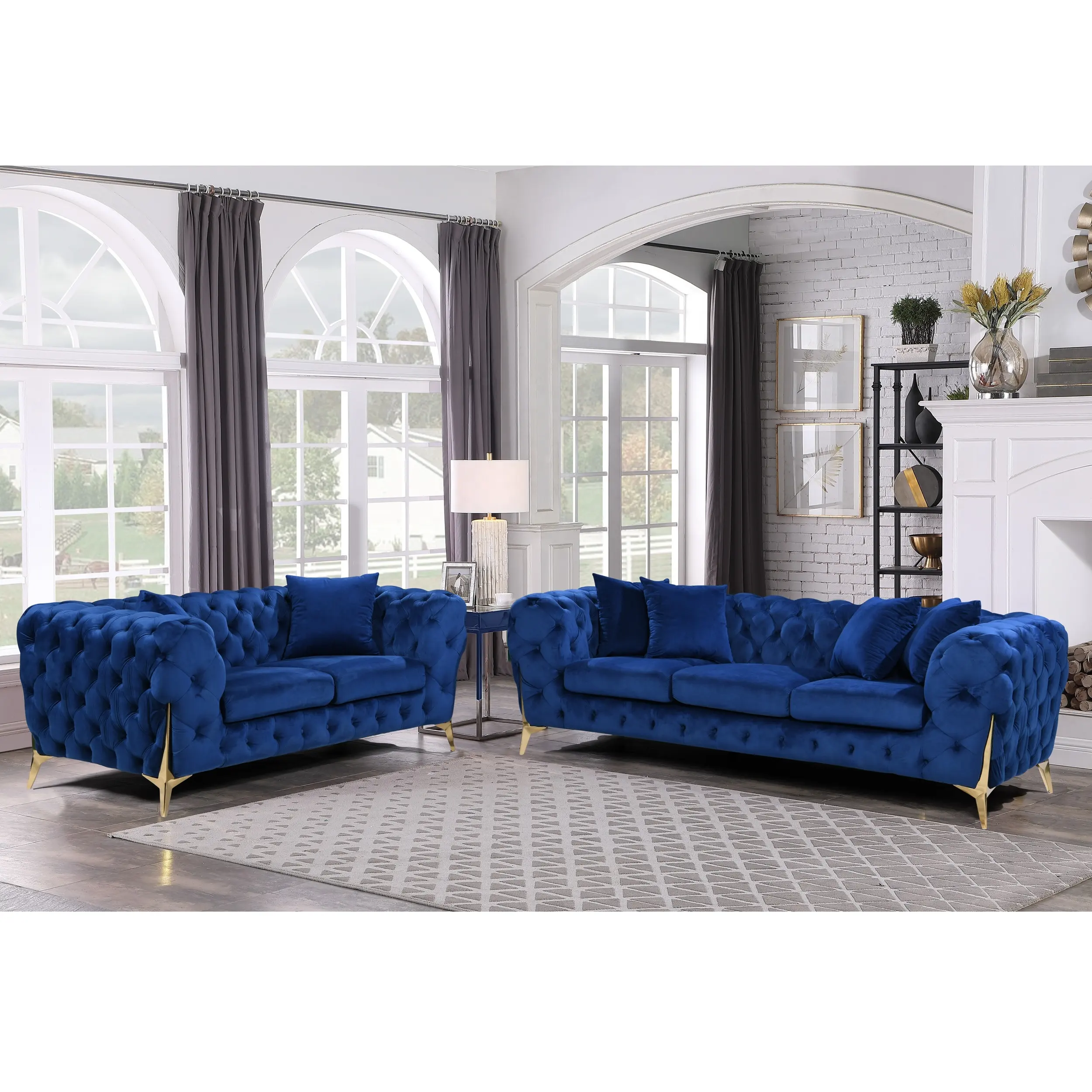 Nova mobília luxuosa de veludo tufado Chesterfield, sofá estofado de 2 lugares para sala de estar, sofá com pernas douradas