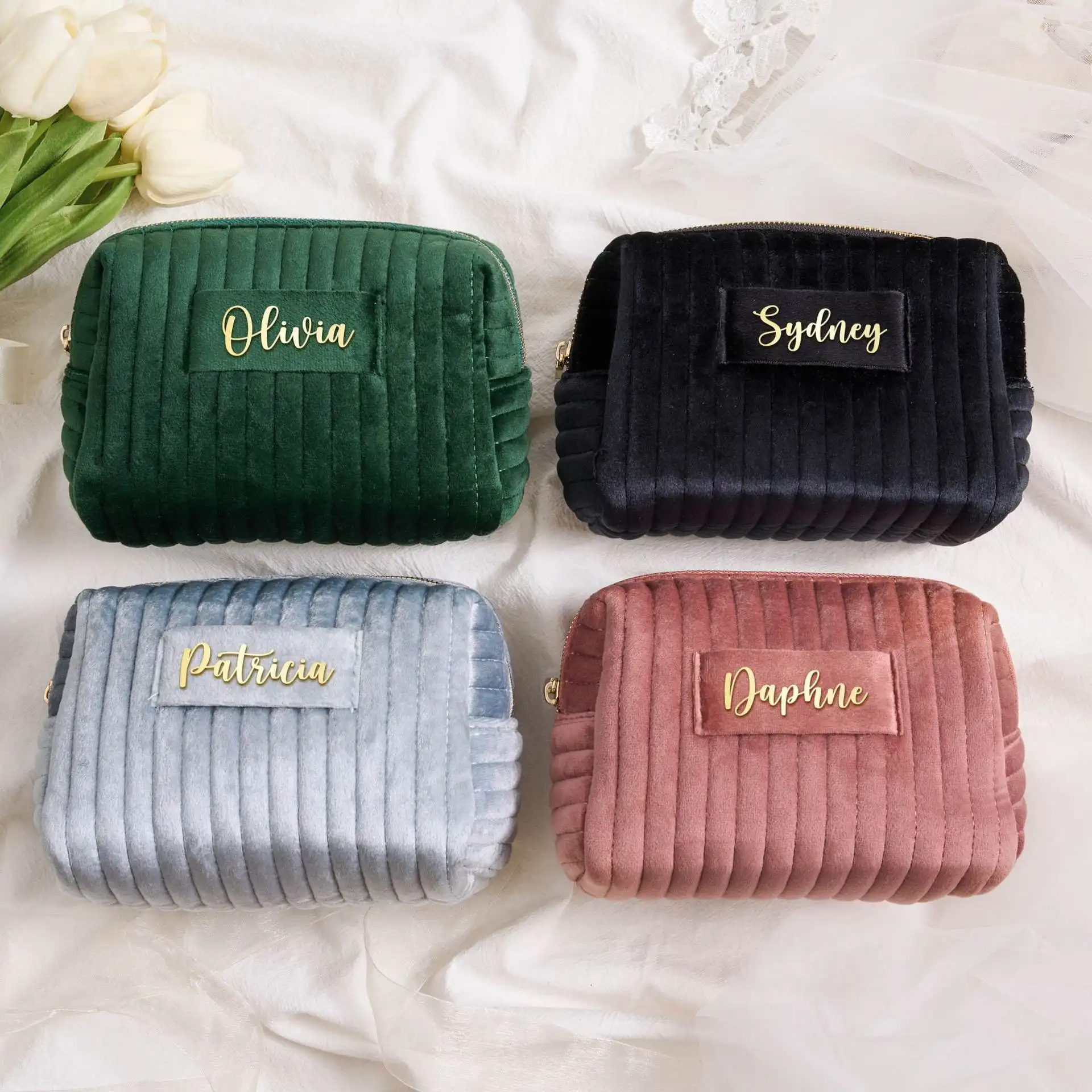 Wholesale quilted velvet makeup pouch bag Custom storage Women Girls Gift Toiletry striped travelling bag Cosmetic Bag