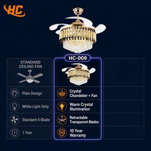 42 Inch Crystal Chandelier <b>Ceiling</b> <b>Fan</b> with Light - Gold Fandelier 4 Retractable Blades <b>Remote</b> <b>Control</b> for Living Room Dining - Product Image 3