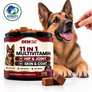 Compléments multivitaminés pour chiens avec glucosamine et probiotiques sous forme de friandises à mâcher pour la santé des articulations, de la peau, du pelage et de l'intestin. Personnalisation OEM/ODM complète. - Product Image 1