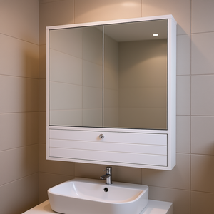 Gabinete de baño de madera de doble pared con espejos dobles, solución de almacenamiento para baños, rectangular blanco, antivaho - Product Image 2